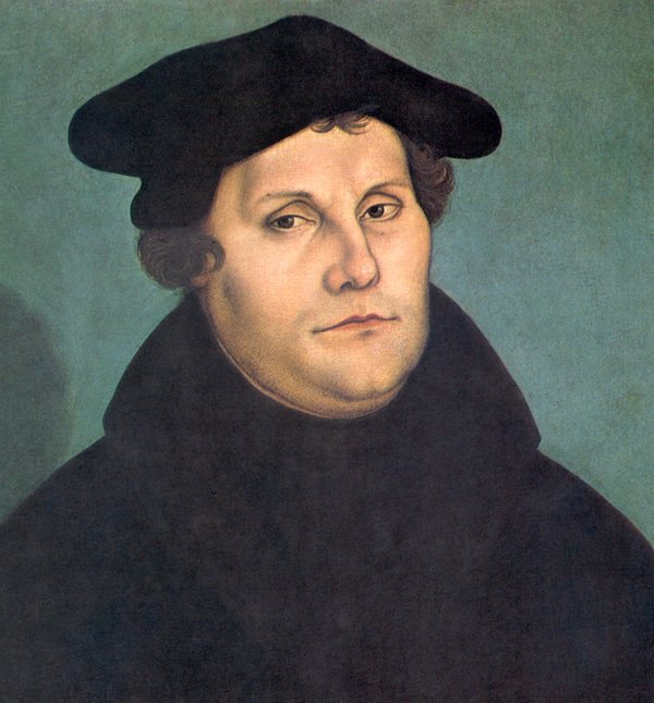 Portrait of Martin Luther in a black robe and cap, by Lucas Cranach.