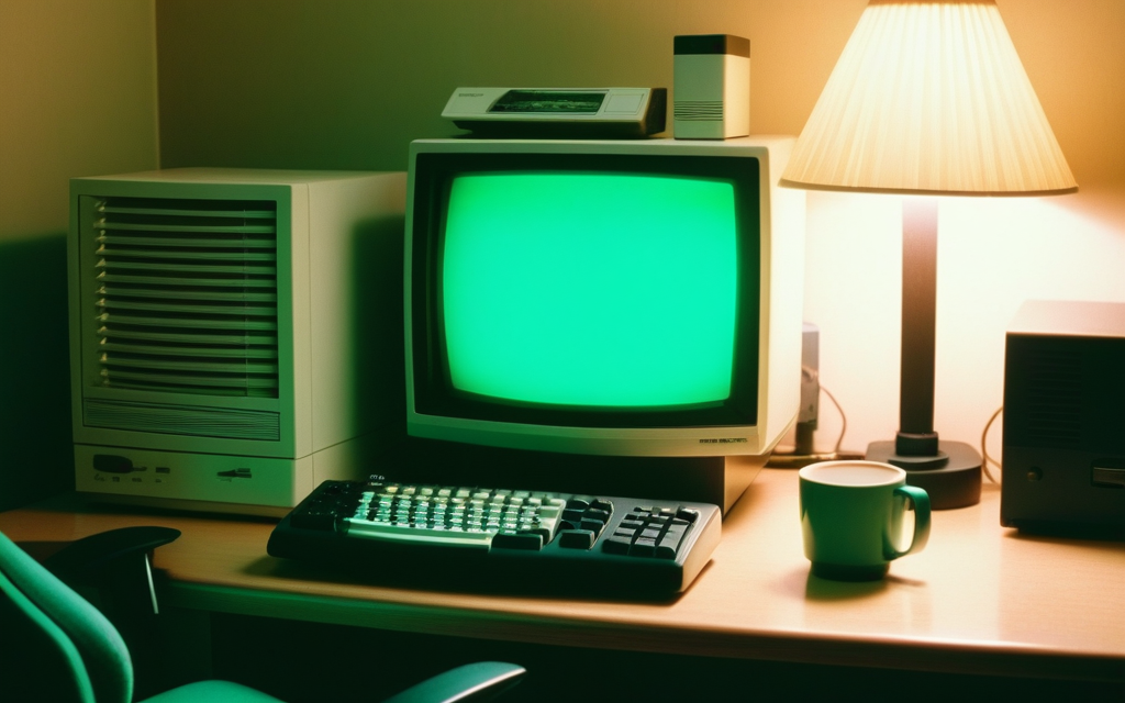 A 1990s desk lit by a CRT monitor, with printed mailing-list pages and a modem.