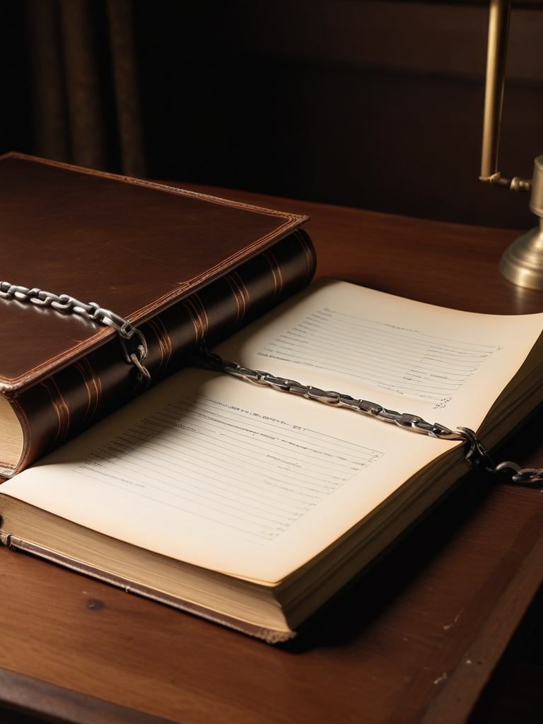 A dark study desk with a ledger of interlocking chained pages lit by a single lamp.