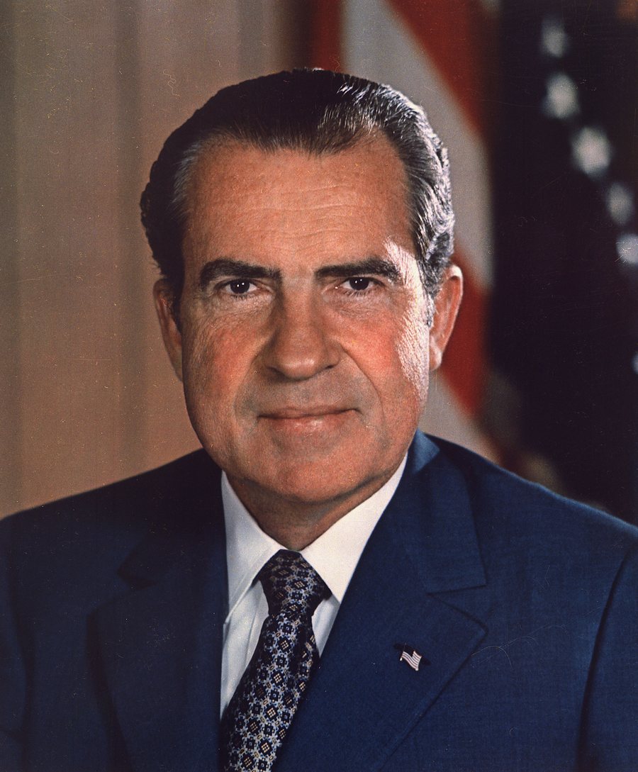 Official portrait photograph of Richard Nixon in a dark suit.