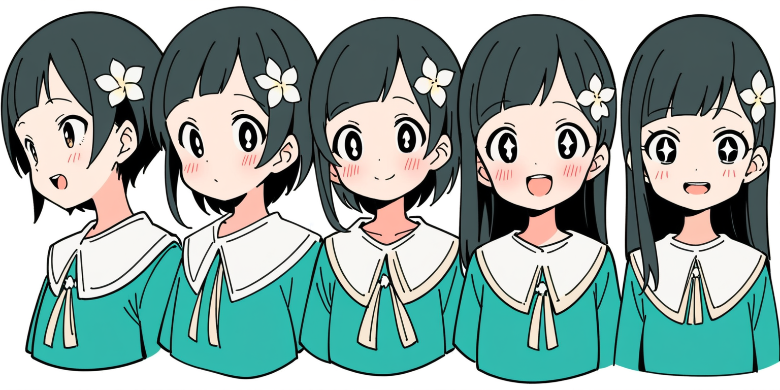 Expression sheet — the same cartoon girl shown happy, surprised, sad, and laughing