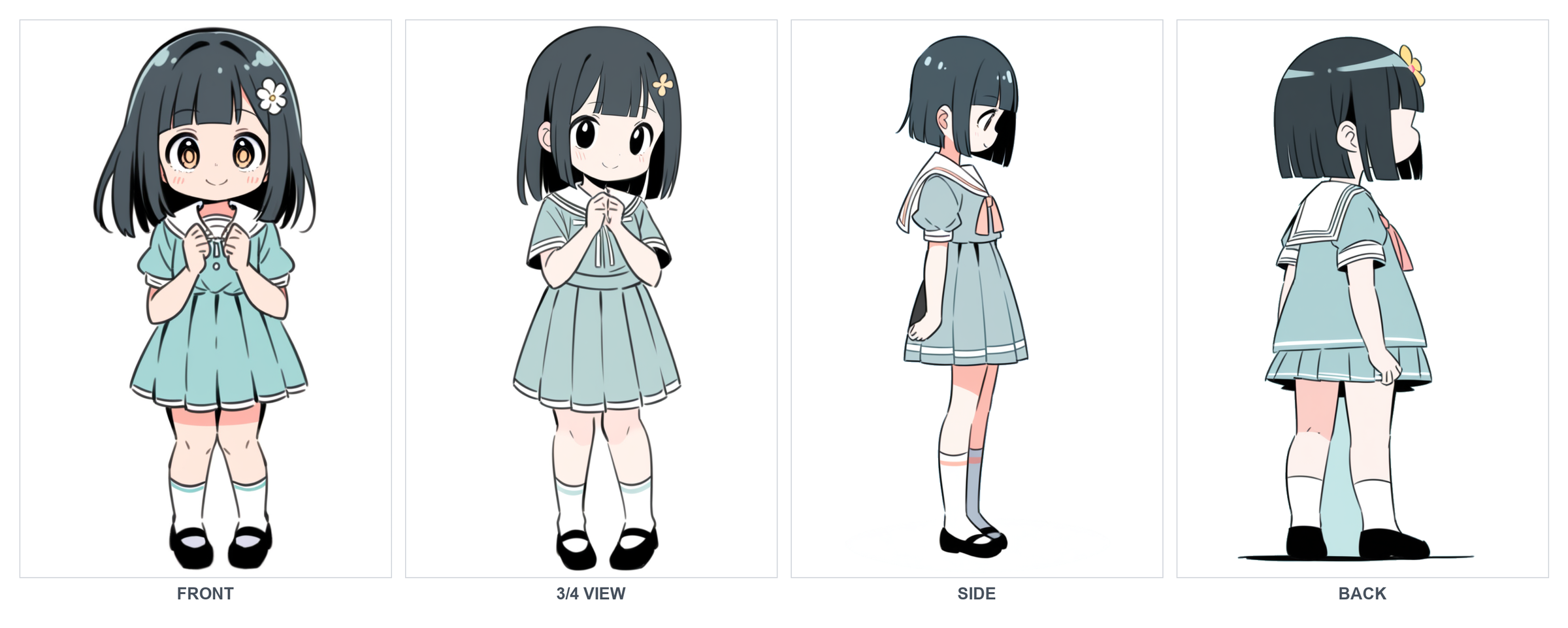 Character turnaround sheet — the same cartoon girl drawn from front, side, and back