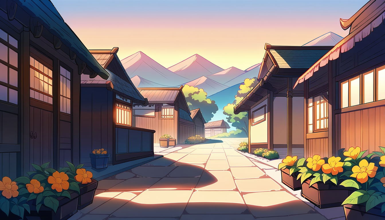 Wide establishing shot of a northern Thai Lanna village lane at golden hour
