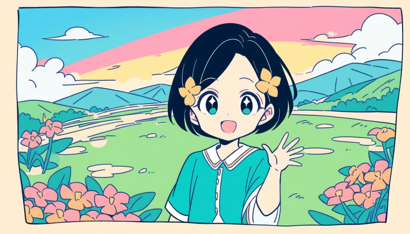 Composed scene — the cartoon girl waving hello in the village lane, the seed frame for video
