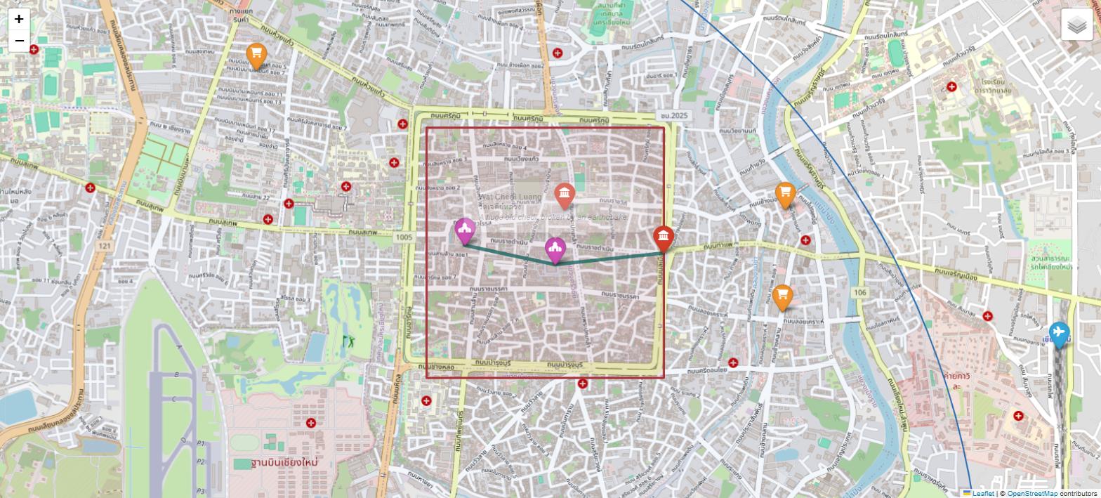 The map zoomed in to the old city, showing the red square on the moat, the temple walk line and an open popup for Wat Chedi Luang