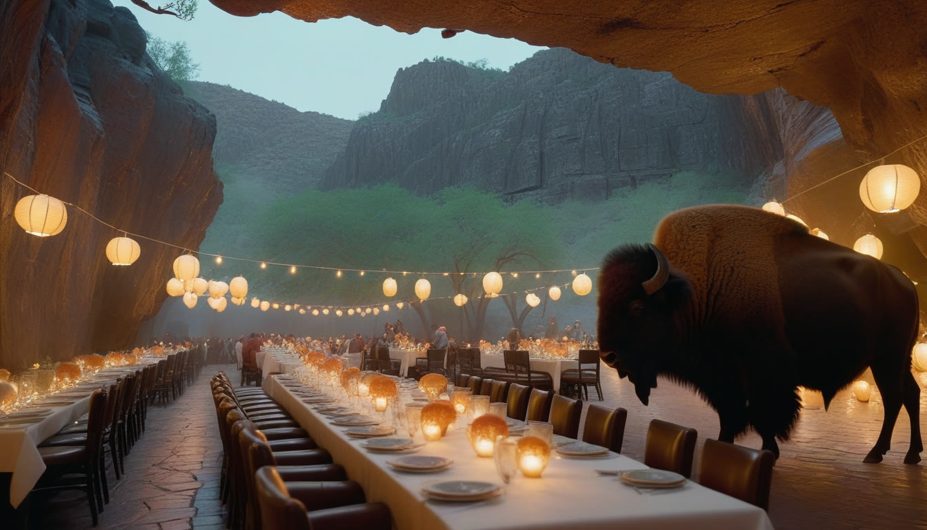 A huge buffalo walking between candlelit banquet tables inside a vast cavern dining hall