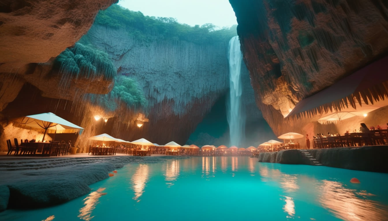An impossibly vast cavern restaurant with a giant waterfall and turquoise lagoon surrounded by dining terraces