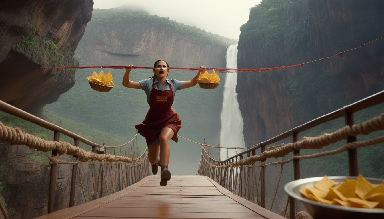 A waitress sprinting across a rope bridge over a canyon carrying baskets of tortilla chips