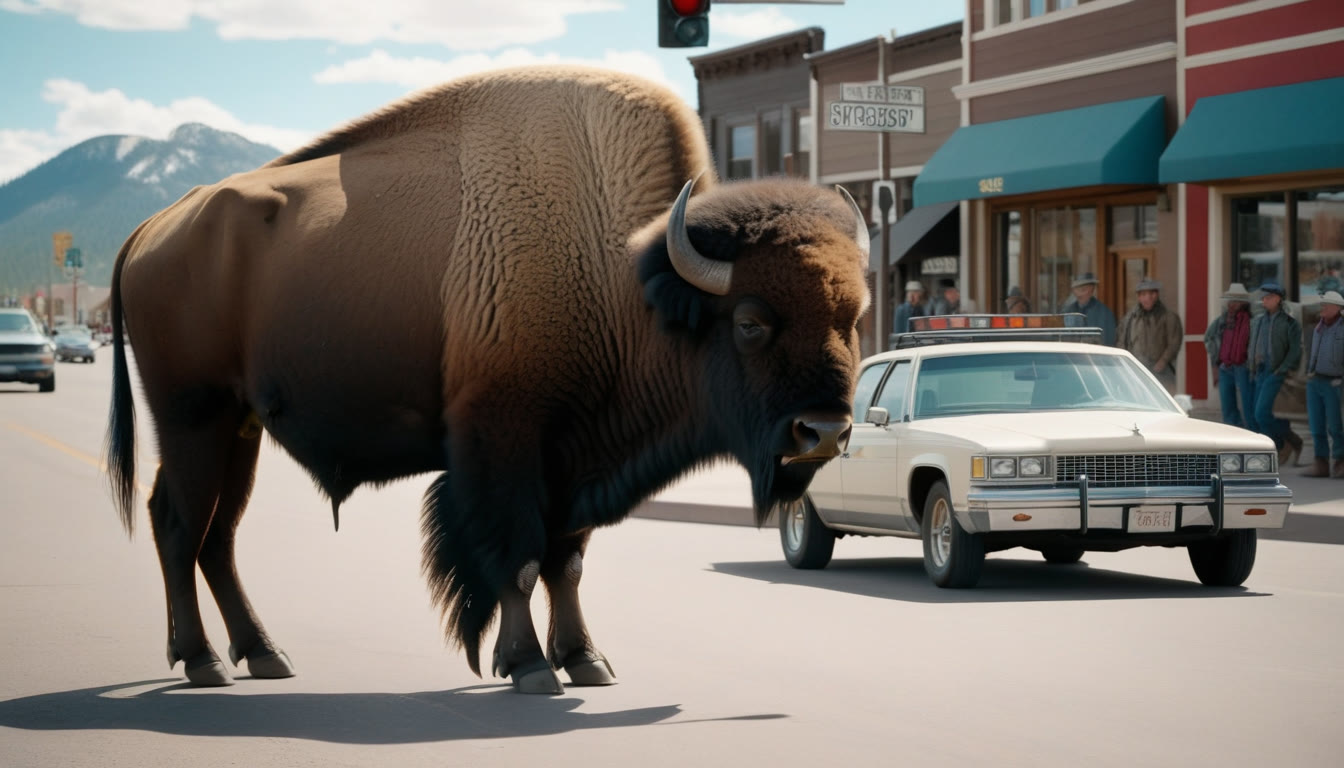 A buffalo standing at a crosswalk in front of waiting cars, cowboys watching from the sidewalk