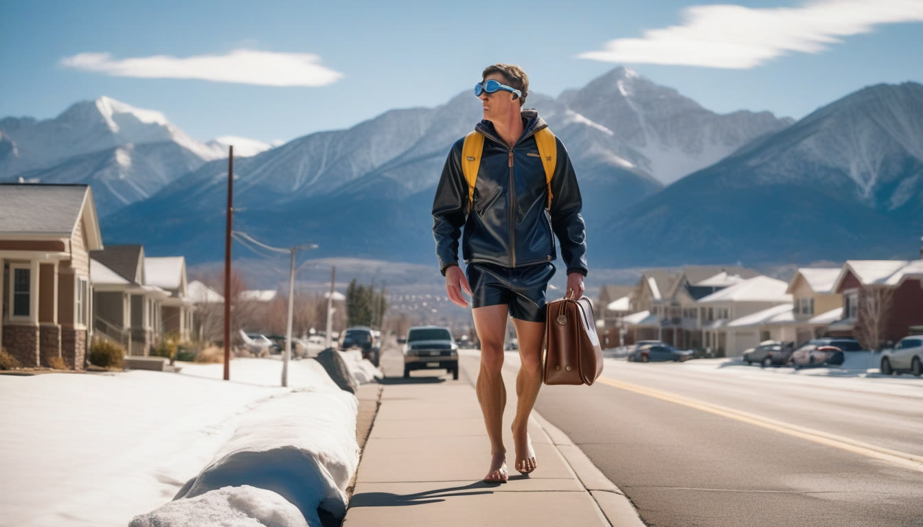 A cliff diver in swim goggles walking down a snowy Colorado street with a briefcase
