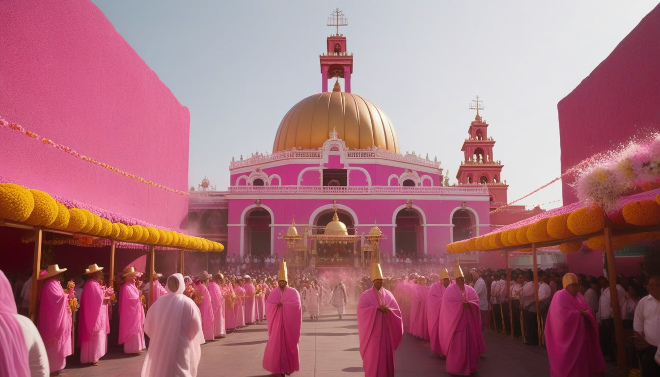 A solemn procession of robed devotees in front of the pink golden-domed Casa Bonita