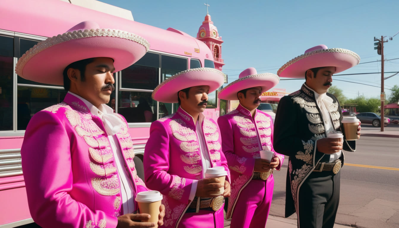Men in pink mariachi outfits drinking coffee at a bus stop outside Casa Bonita