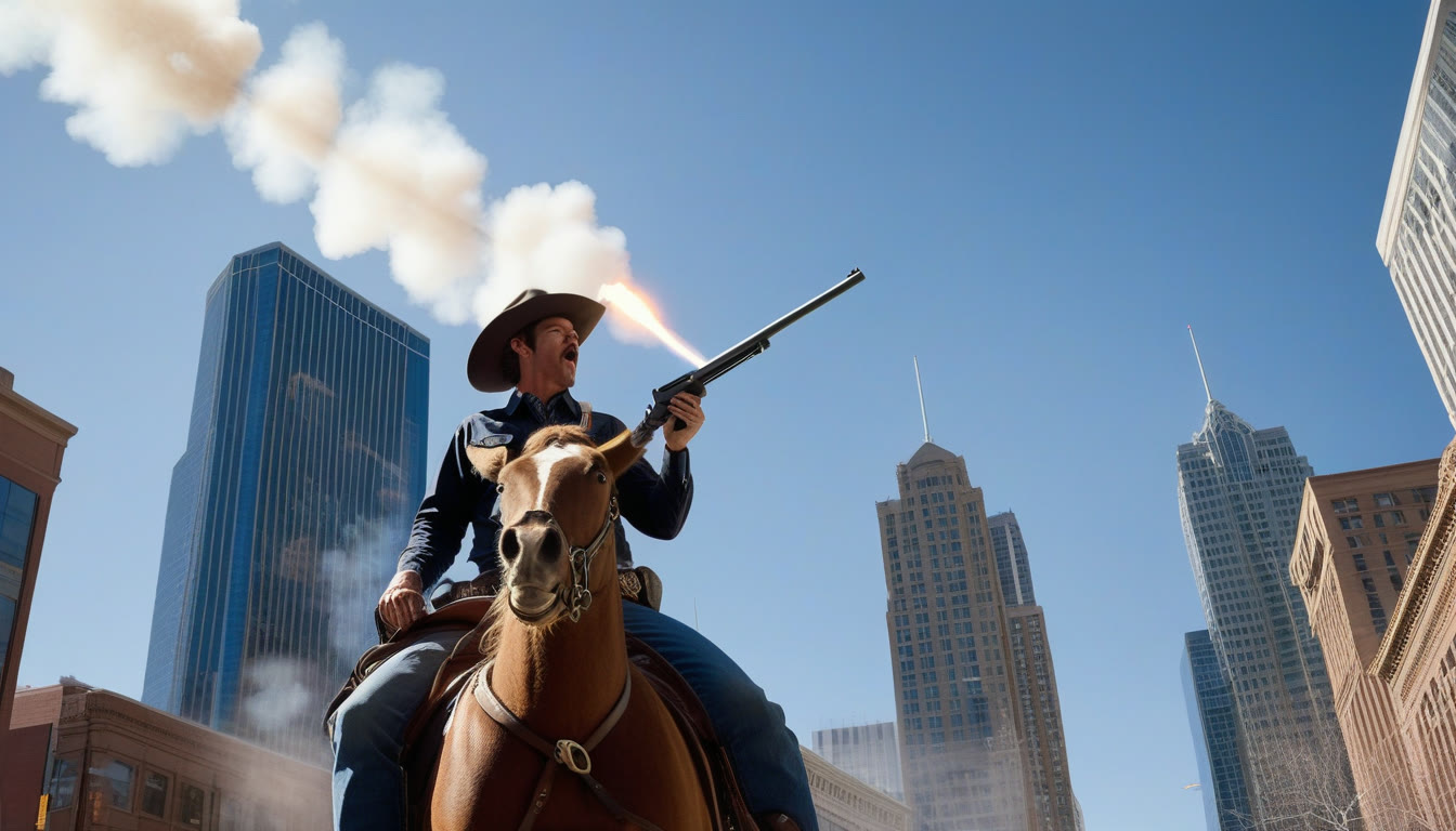 A cowboy on horseback in downtown Denver firing a gun into the air in celebration