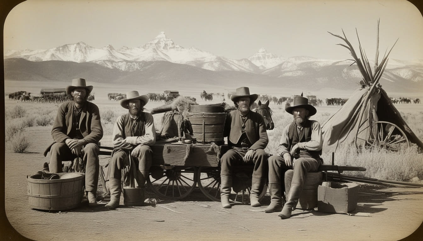 Sepia 1800s photograph of cowboy squatters in front of a broken-down covered wagon
