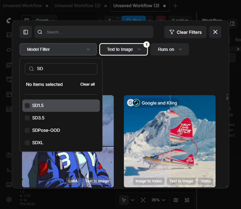 ComfyUI Templates browser Model Filter showing SD1.5 and SDXL