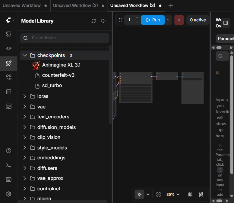 ComfyUI Model Library sidebar with checkpoints expanded