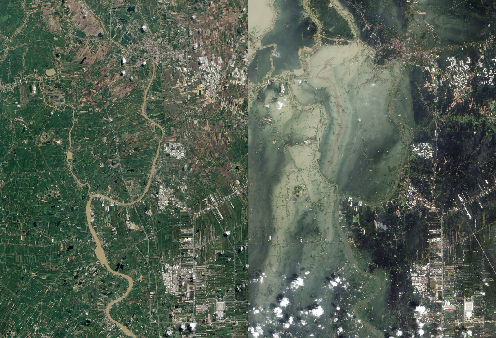 Two satellite images of Ayutthaya side by side: green fields and a brown river on the left; the same land mostly under brown and grey water on the right
