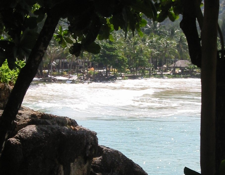 The same beach minutes later, white water surging through the palm trees and beach buildings