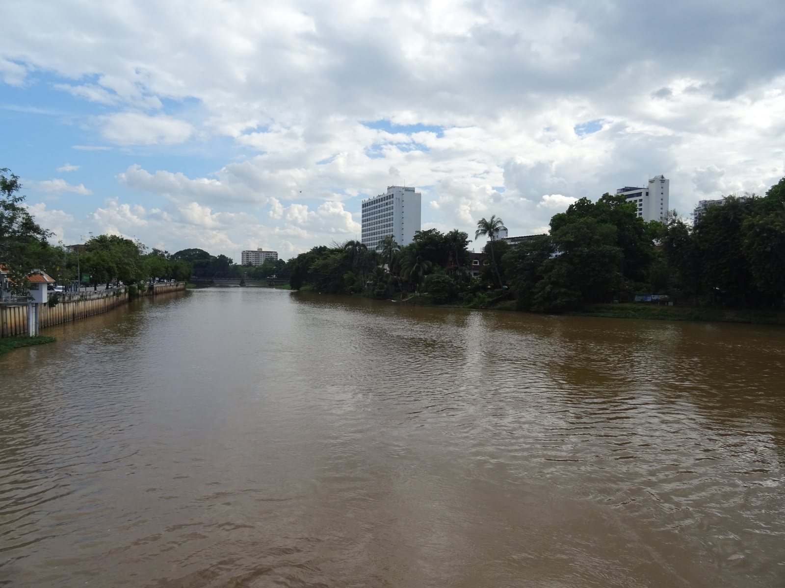 The Ping River in Chiang Mai, seen from Nawarat Bridge: brown water between tree-lined banks under a bright sky