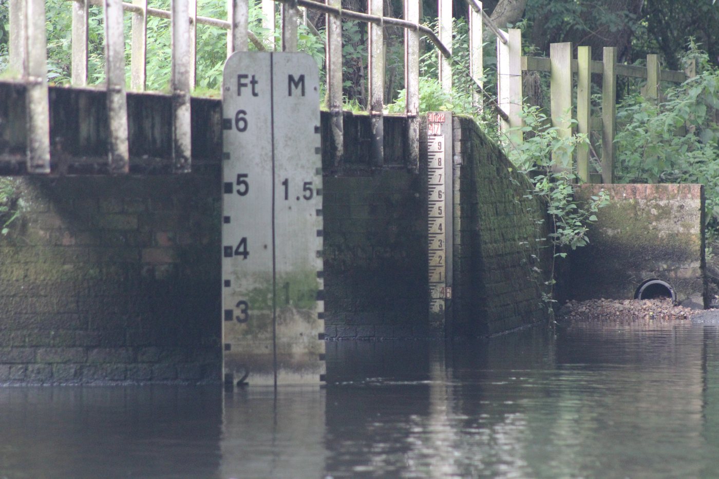 Two painted river level gauge boards standing in a shallow river, marked in metres