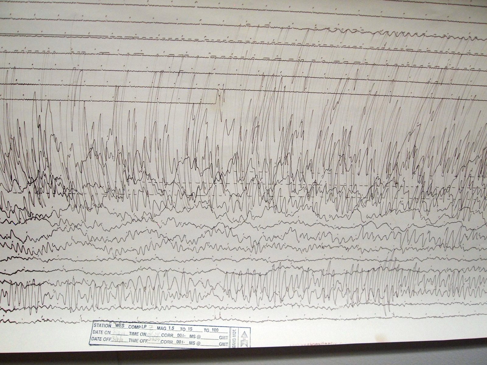 A seismogram with many fine lines and one burst of large wiggles across them