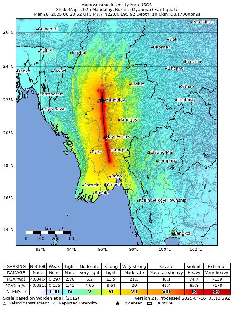 USGS ShakeMap of the 2025 Myanmar earthquake: red and orange strongest along the fault, fading to yellow and green with distance