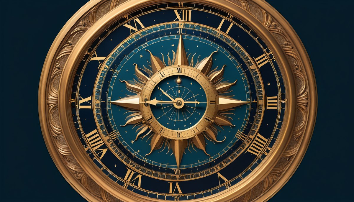 An ornate brass twenty-four hour astronomical dial with a golden sun at its centre