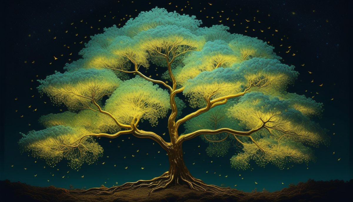 A huge tree at night covered in fireflies all glowing at the same moment