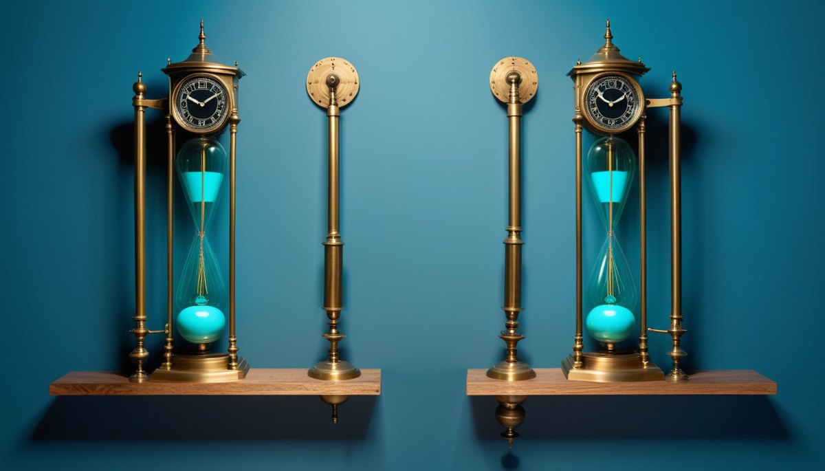 Two identical brass pendulum clocks side by side, swinging together