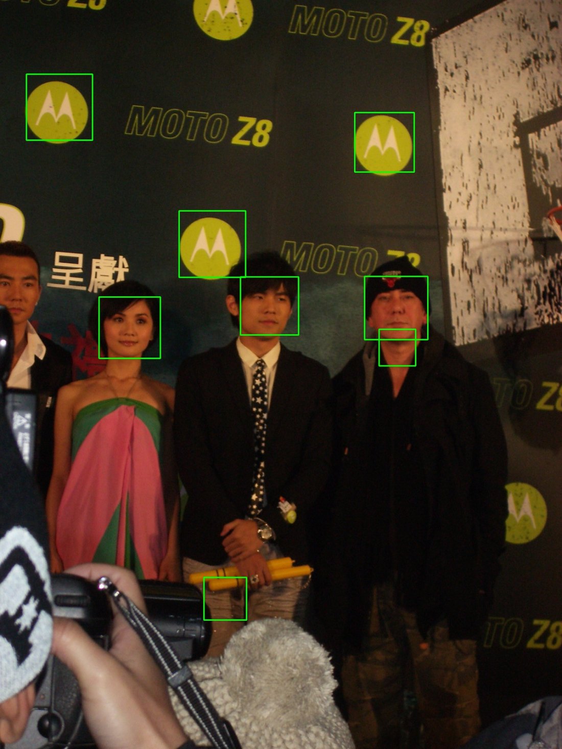A film promo photo where the detector has boxed three Motorola logos as faces
