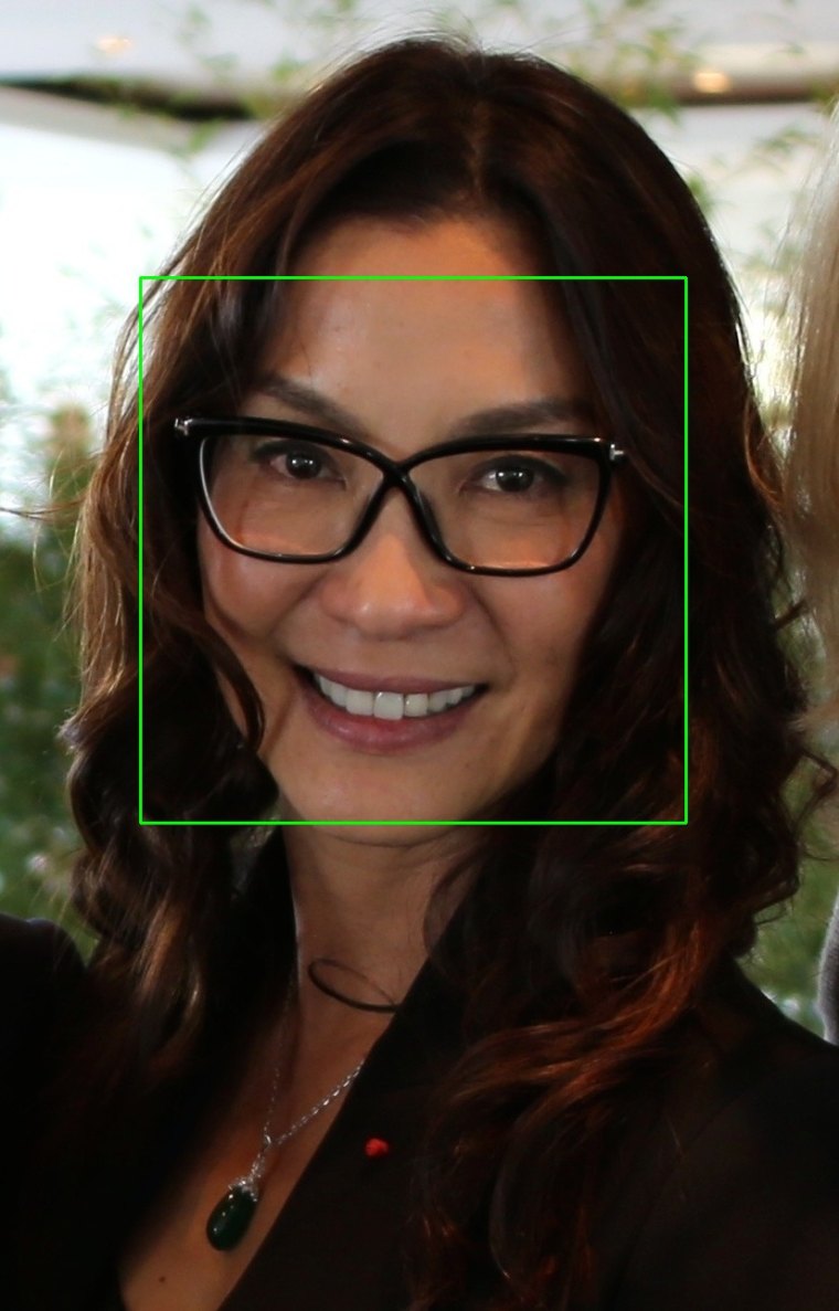 A photo of Michelle Yeoh with a green box drawn round her face