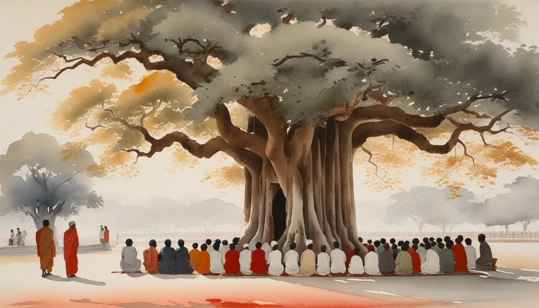 Ink-wash painting of pilgrims waiting beneath a banyan tree outside a white ashram gate.