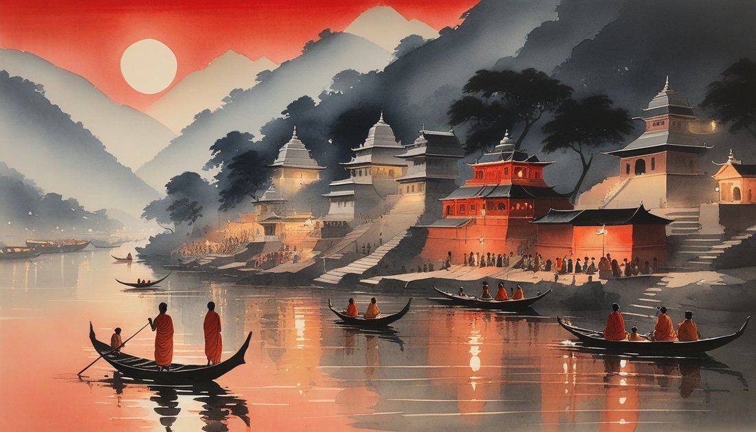 Ink-wash painting of small lamp-boats drifting on the Ganges at Haridwar at dusk, pilgrims on the steps.