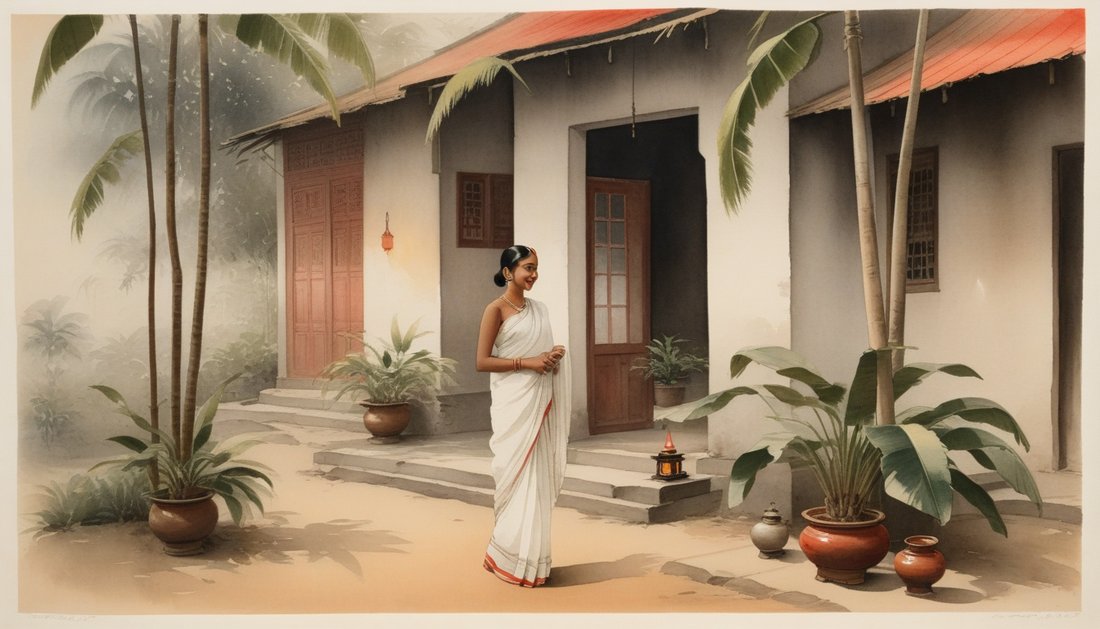 Ink-wash painting of a woman in a white sari beside an oil lamp in a Bengal village courtyard at evening.