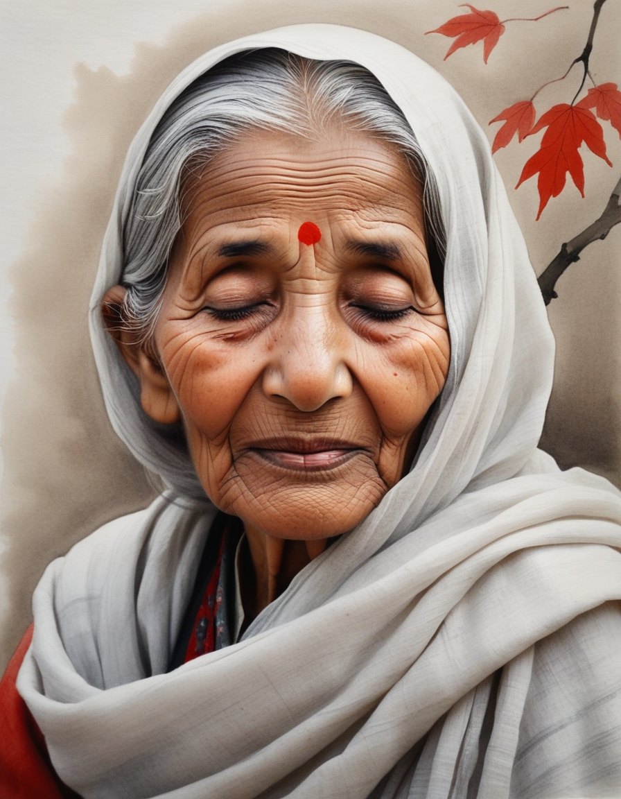An imagined portrait of Lal Ded as an elderly woman in a white shawl, eyes closed, singing, with red chinar leaves behind her.