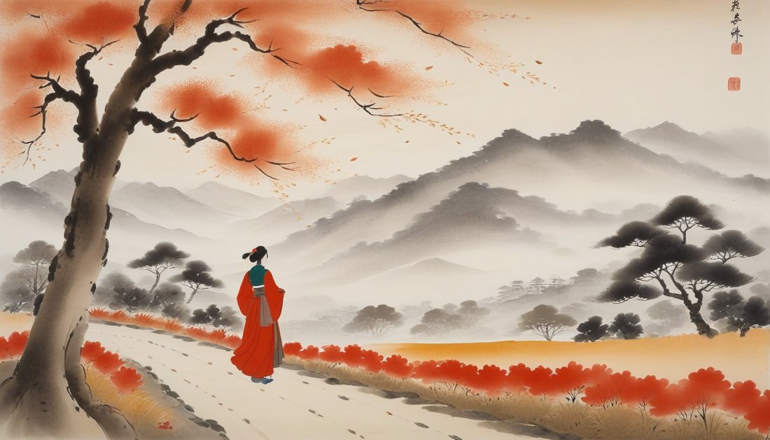 Ink-wash painting of a woman poet walking and singing beneath great chinar trees shedding autumn leaves.