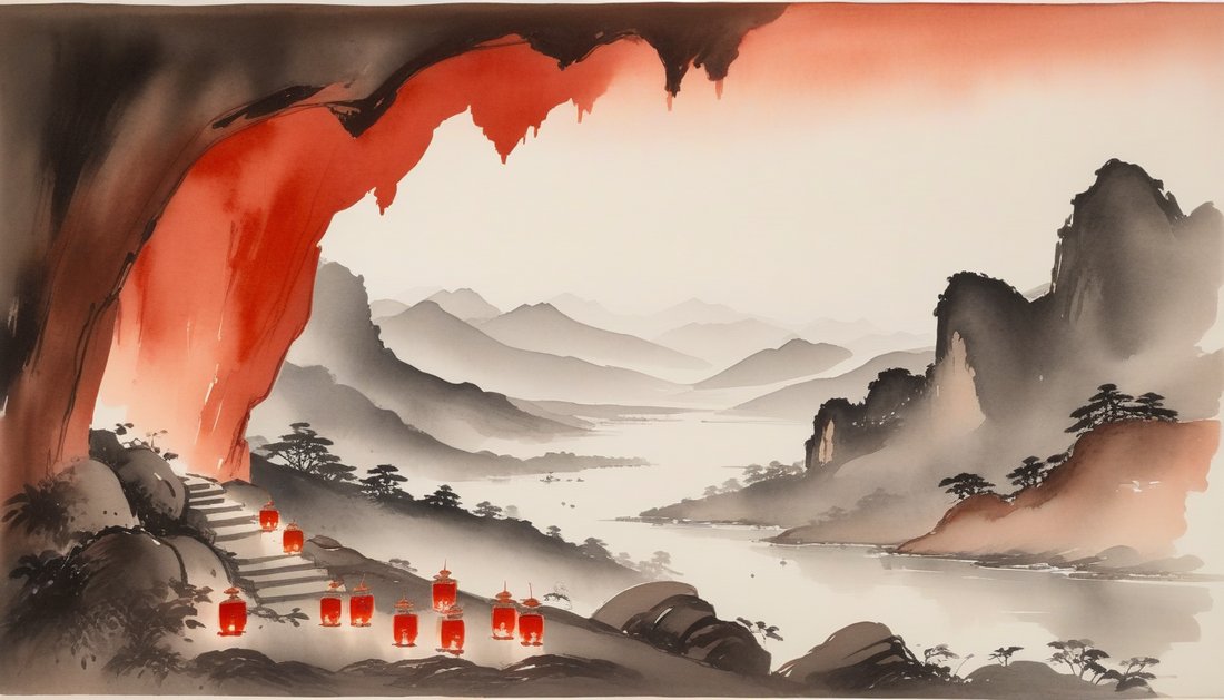 Ink-wash painting of butter lamps glowing at the mouth of a red hermitage cave at dusk.