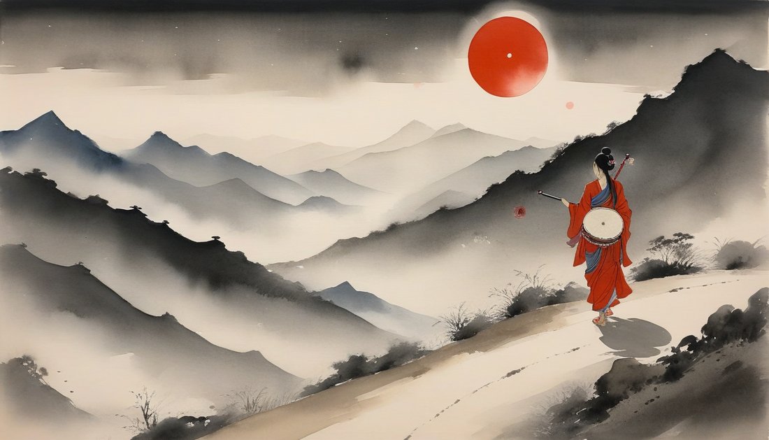 Ink-wash painting of a lone yogini with a drum crossing a moonlit mountain pass strung with prayer flags.