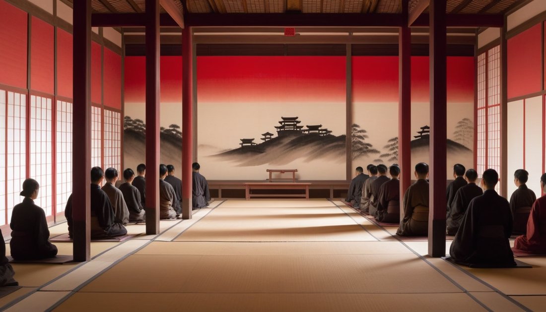 Ink-wash painting of rows of people seated in silence in a softly lit hall, one empty lit chair at the front.