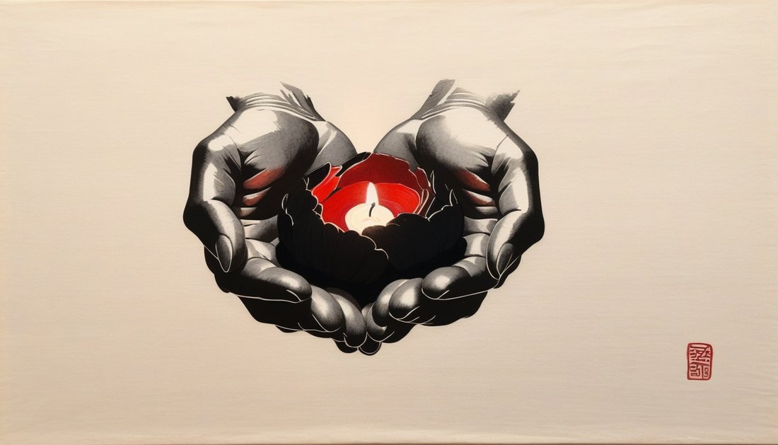 Ink-wash painting of two cupped hands holding a small radiant light in darkness.