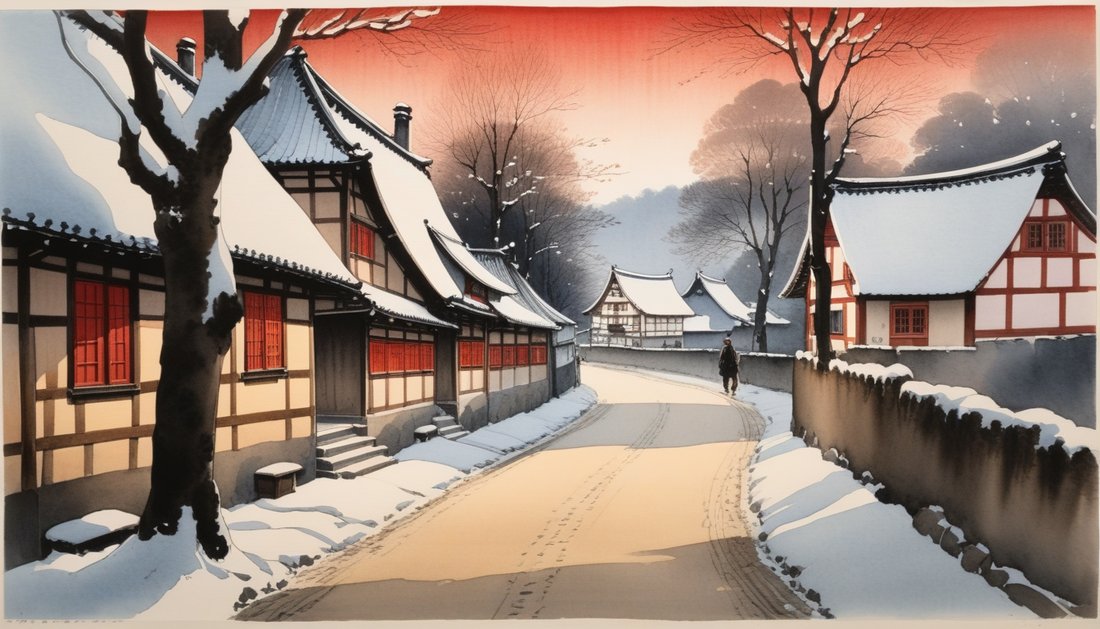 Ink-wash painting of a half-timbered German village at winter dusk with warmly lit windows.