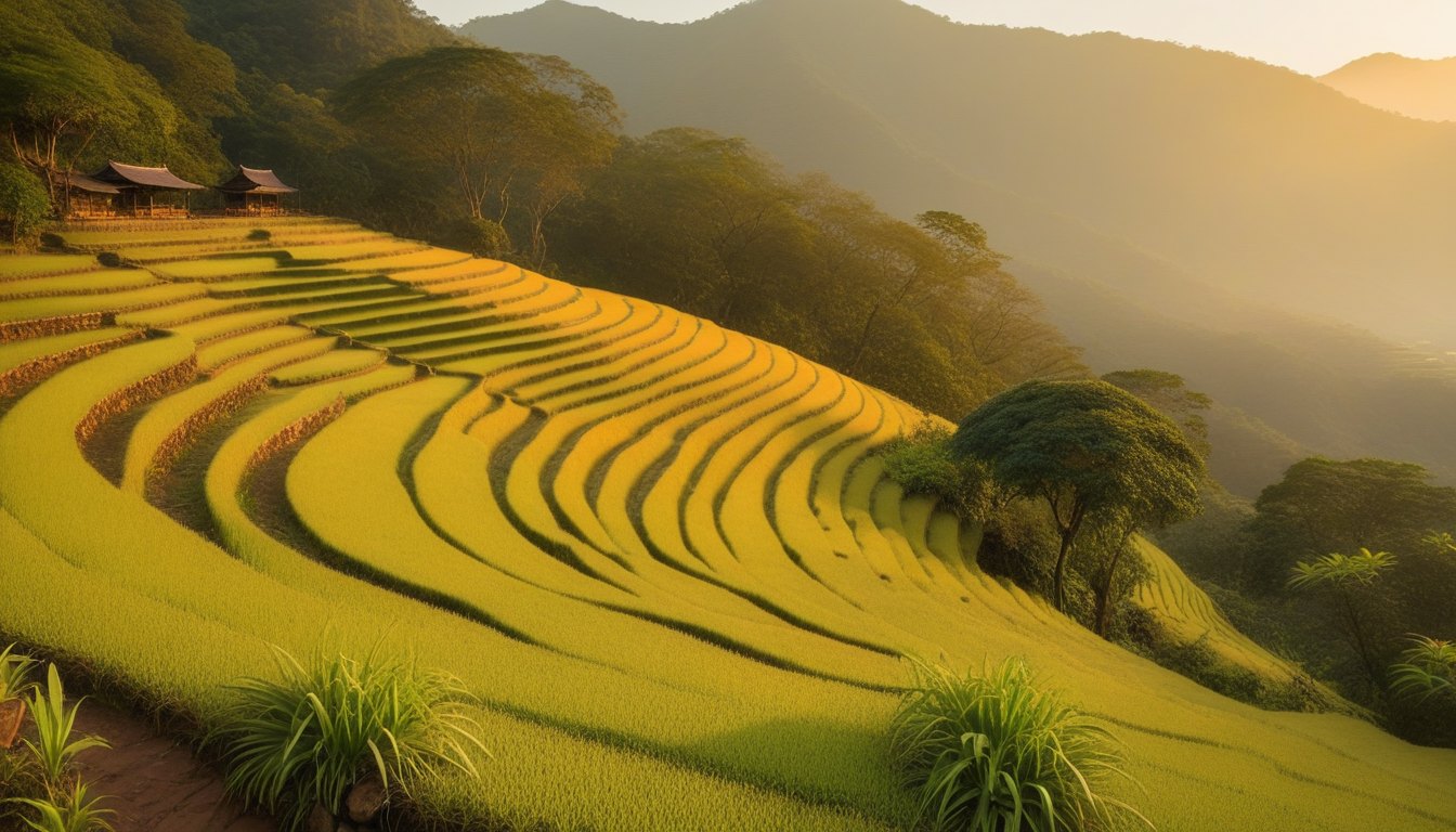 Flooded rice terraces curving down a hillside, each terrace echoing the one above