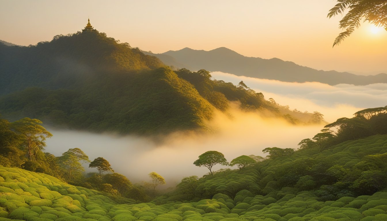 A misty forested valley below Doi Suthep at golden hour, a golden stupa on the ridge