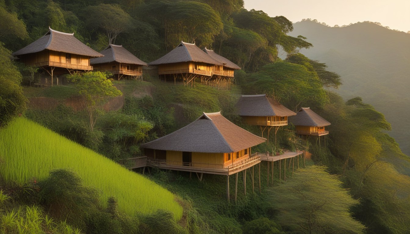 Stilted Lanna houses stepping down a forested hillside, the same shape at different sizes