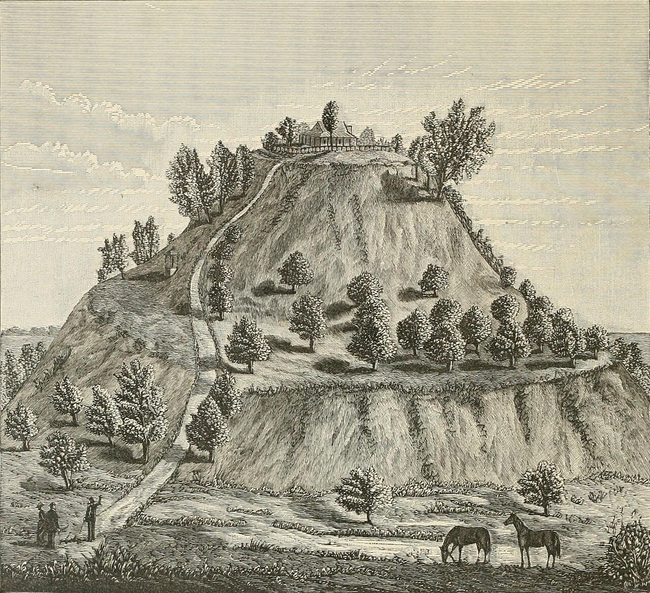 An 1887 engraving of Monks Mound at Cahokia, showing the terraced earthen mound with a house on its summit.