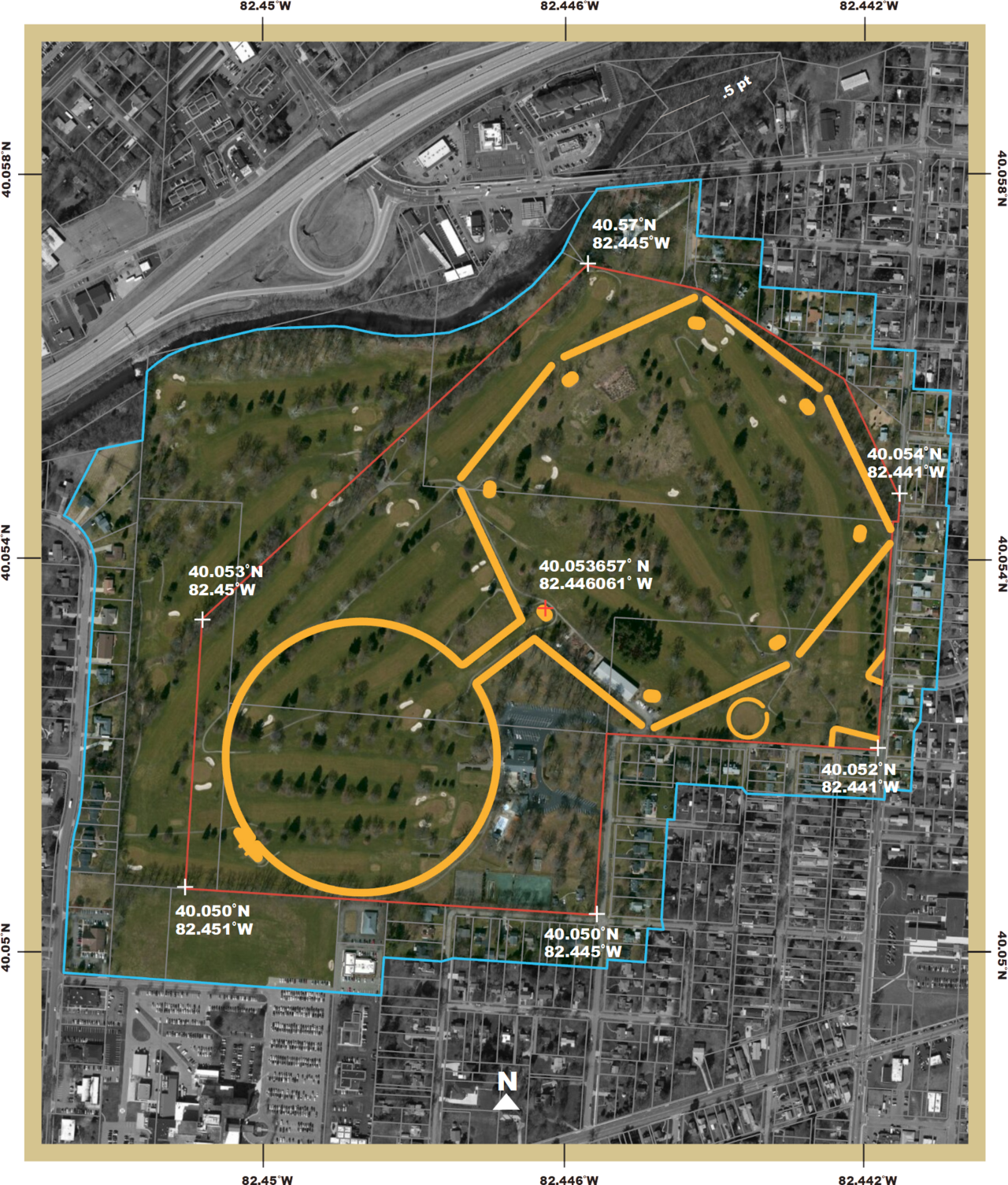 Aerial map of the Newark Octagon Earthworks in Ohio, with the octagon and great circle outlined in orange over a modern golf course and suburb.