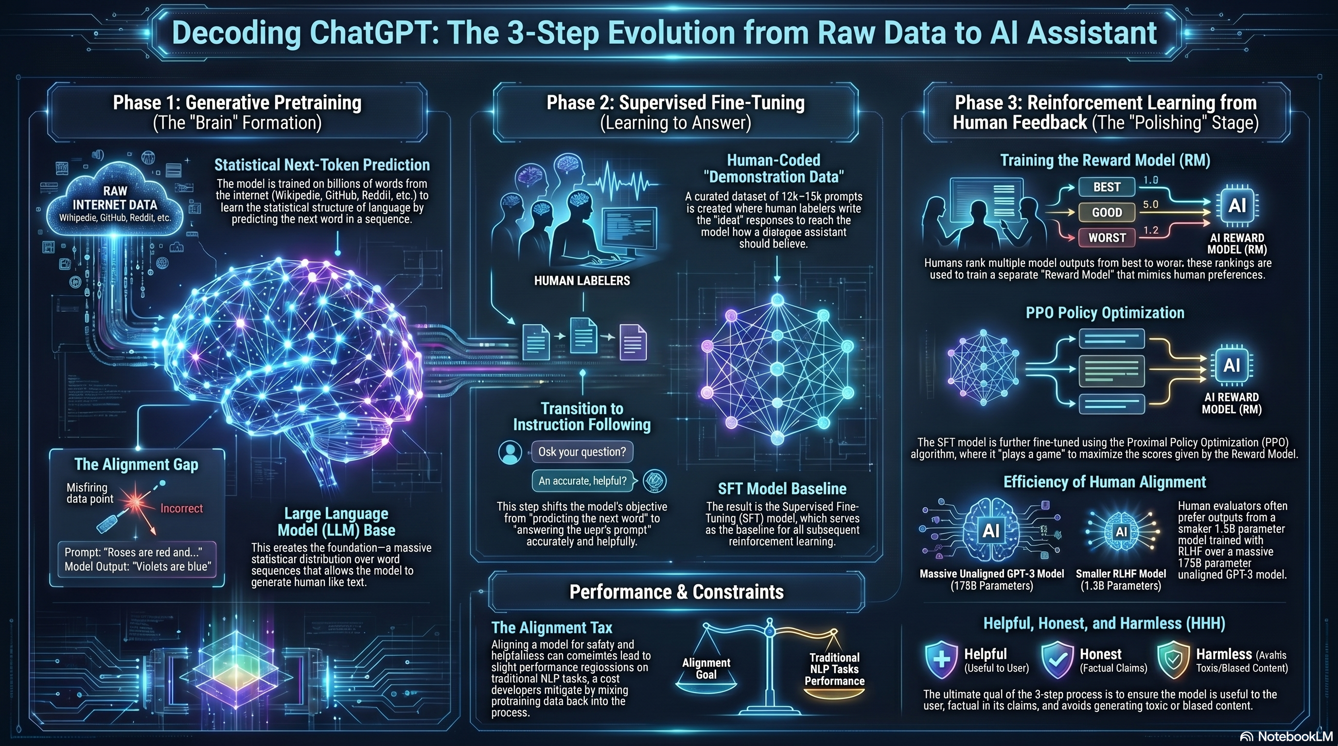 How ChatGPT works: the 3-step evolution from raw data to an AI assistant — pretraining, supervised fine-tuning, and RLHF