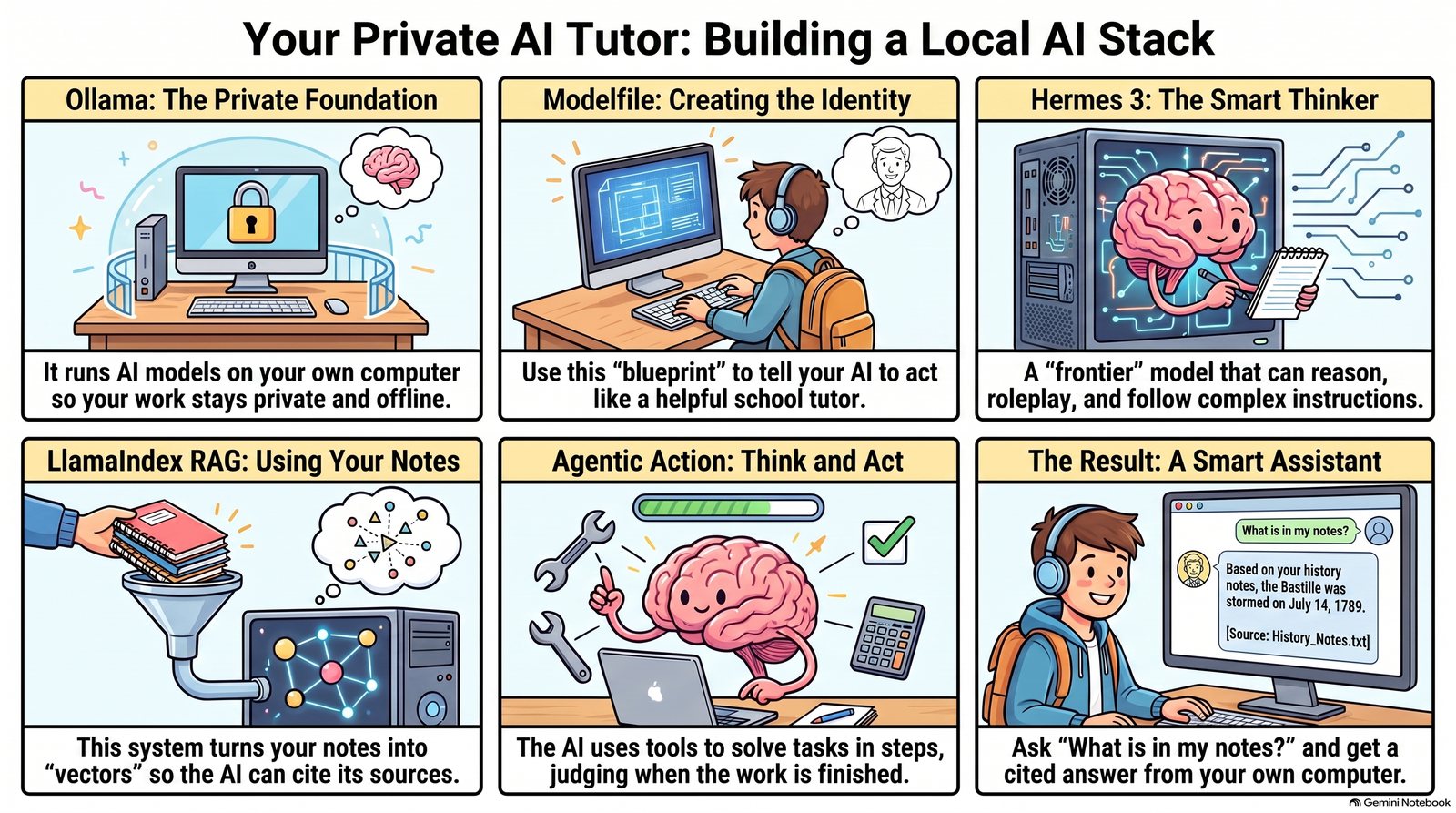 Infographic: how Ollama, the Modelfile, LlamaIndex and Hermes 3 fit together as one local AI stack