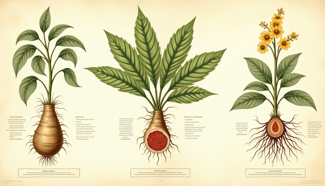 Collection of adaptogen herbs including ginseng root, ashwagandha and schisandra berries