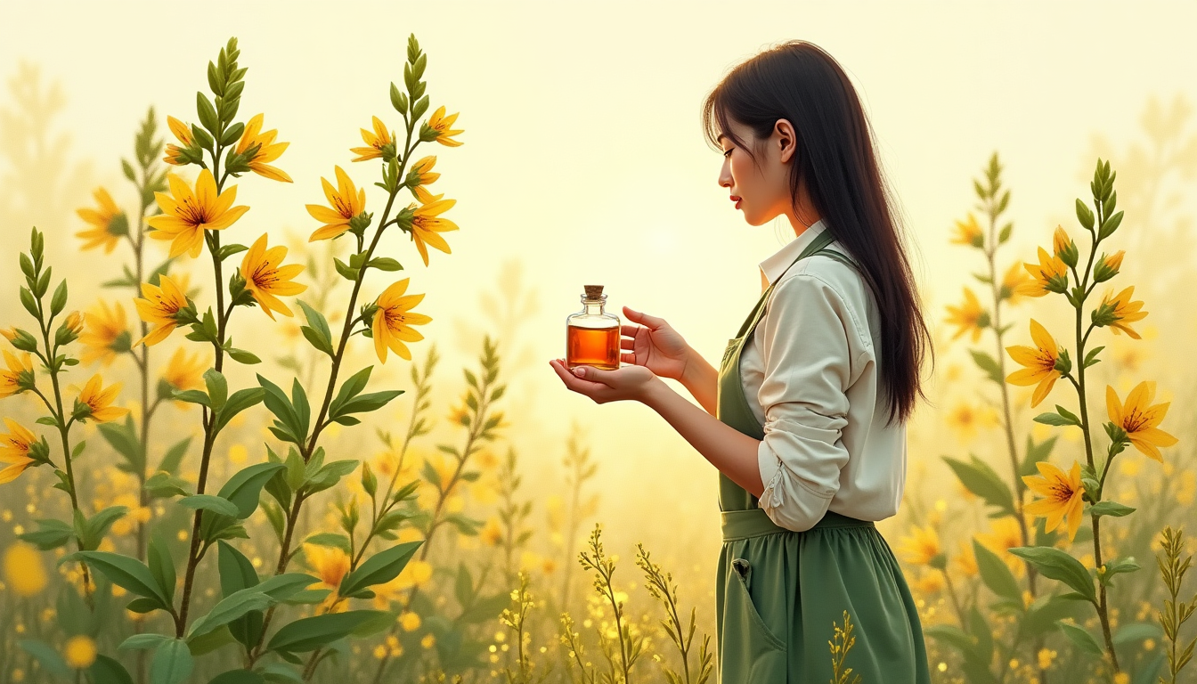 Hypericum perforatum (St. Johns wort) with bright yellow flowers in a botanical illustration